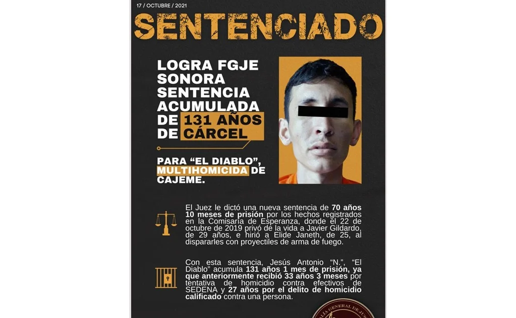 Condenan a 131 años de prisión a acusado por multihomicidio en Sonora